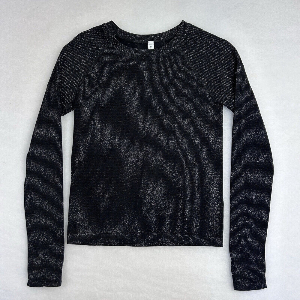 Athleta Women's XS Black Metallic Sparkle Base Layer Shirt Thumb Holes Spring 22